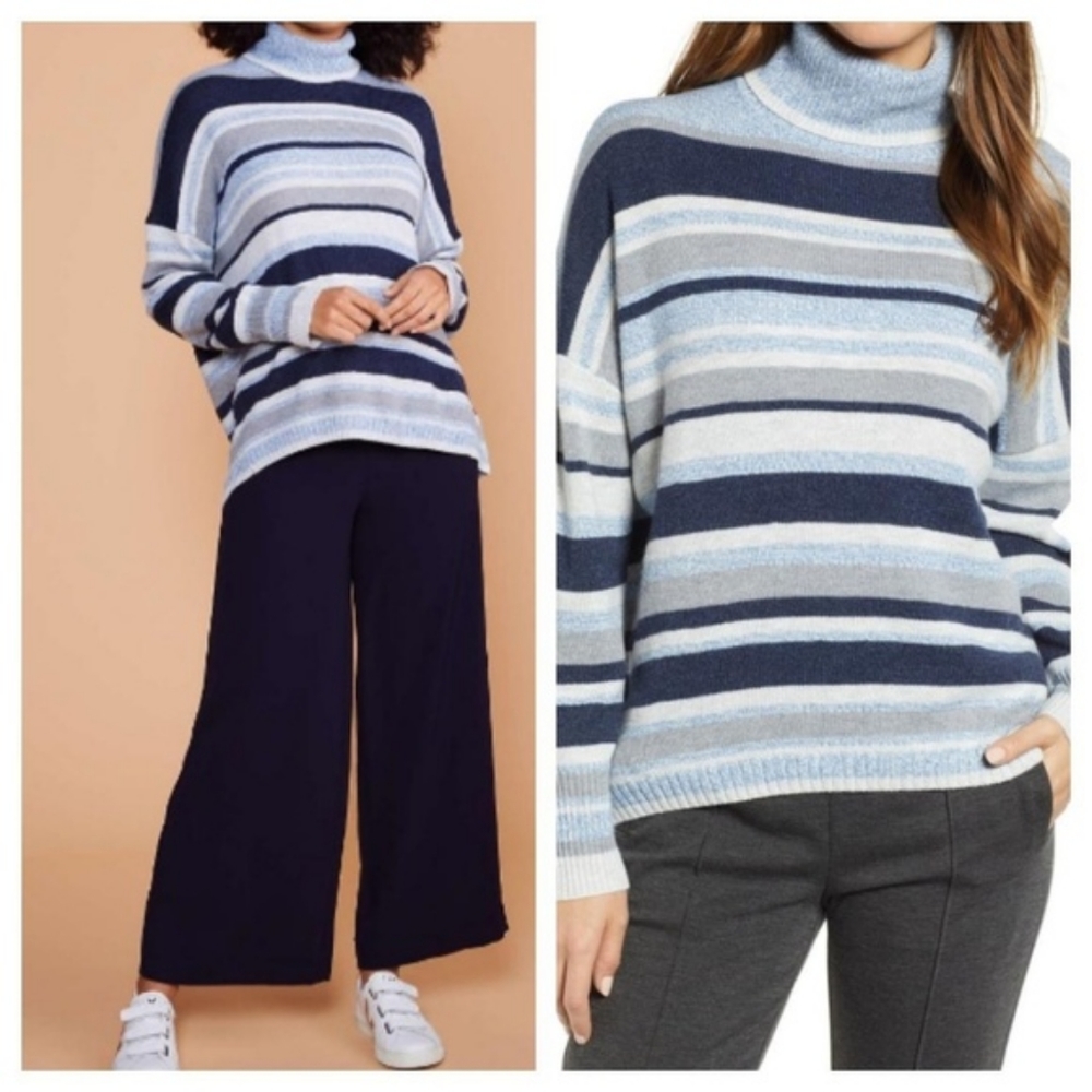 Lou & Grey Sweater Striped Turtleneck Wool Blend Blue White Cozy Subcybil Boho